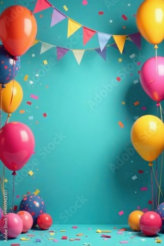 Colorful party decorations with balloons and streamers, cake, balloons, happy birthday