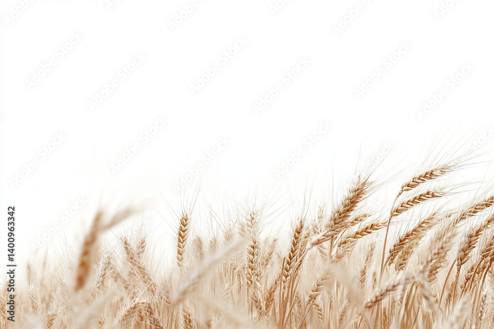 Fototapeta premium Close up of wheat stalks against a bright white background in soft focus