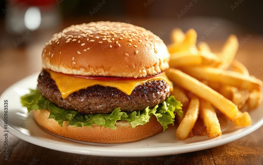 cheeseburger with lettuce tomato and fries on plate, american diner style, international hamburger day cheeseburger with lettuce tomato and fries on plate, american diner style, international hamburger day