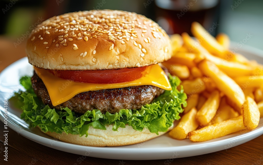 cheeseburger with lettuce tomato and fries on plate, american diner style, international hamburger day cheeseburger with lettuce tomato and fries on plate, american diner style, international hamburger day