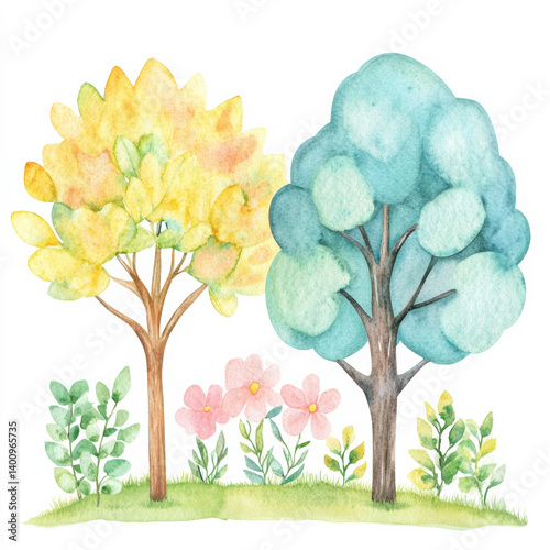 Soft Watercolor Trees in Bloom with Blue and Yellow Foliage, Peaceful Nature Illustration, Eco Art for Spring Designs, Landscaping, and Environmental Posters