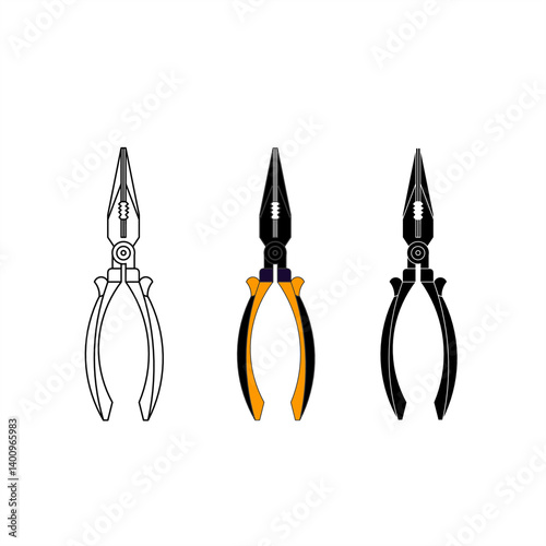 A needle-nose pliers icon set in outline, colored, and solid versions. Perfect for visualizing precision tools, electrical work, DIY tasks, and technical repair themes
