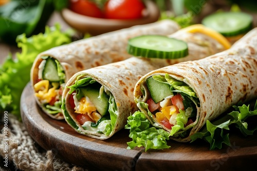 A vibrant display of wrap sandwiches, both colorful and appetizing, showcases an assortment of healthy greens and varied fillings set against a patterned fabric backdrop