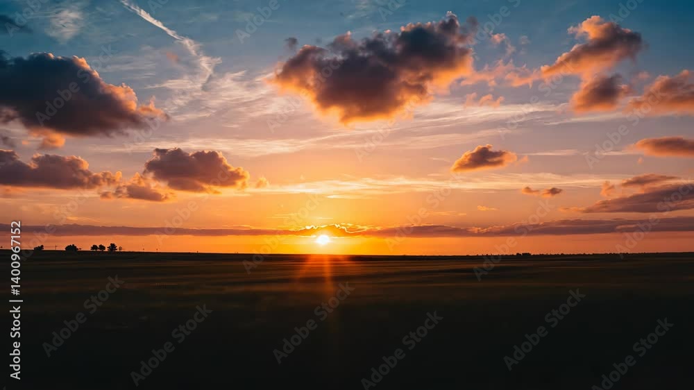 Golden sunset illuminates a vast field with dynamic clouds in an inspiring and tranquil open landscape panorama Golden sunset illuminates a vast field with dynamic clouds in an inspiring and tranquil open landscape panorama