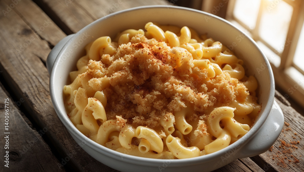 Creamy, dreamy mac and cheese, a comforting bowl of cheesy goodness with a crunchy breadcrumb topping, served in a rustic white dish on a wooden table. Creamy, dreamy mac and cheese, a comforting bowl of cheesy goodness with a crunchy breadcrumb topping, served in a rustic white dish on a wooden table.