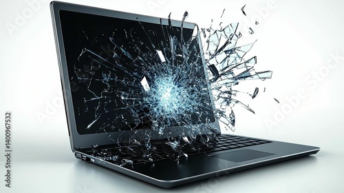 A shattered laptop screen displays the impact of a catastrophic failure. photo