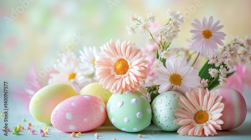 easter eggs festive decorations. Colorful Easter Eggs Among Blooming Flowers Celebrate Springtime Joy and Renewal with Pastel Hues.