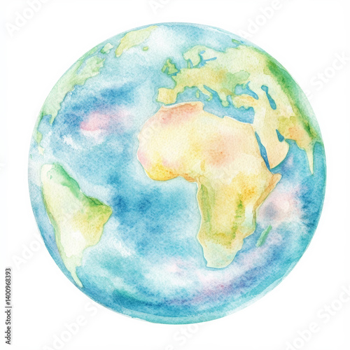 Watercolor Globe of Earth Illustration with Soft Pastel Colors, Planet Earth, Environmental World Map Design for Earth Day, Educational and Eco Themes