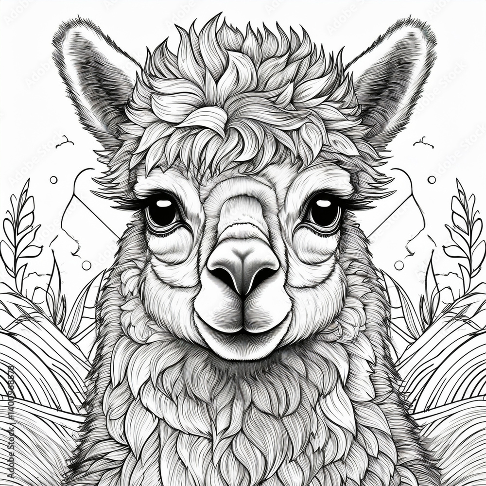 Obraz premium Ein Ausmalbild für Kinder mit einem Alpaka Motiv