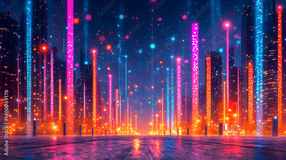 Vibrant Night Cityscape with Blue and Orange Lights Futuristic Urban Scene with Abstract Glowing Elements and Reflective Ground Surface