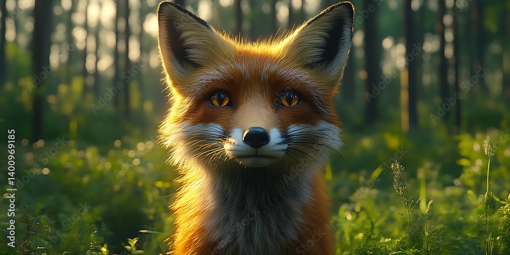 Fototapeta premium Red fox in forest at sunset.