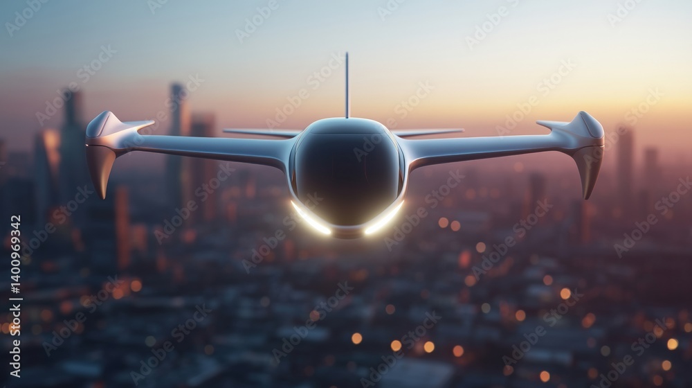 Futuristic VTOL aircraft hovering over a modern cityscape. Next-generation urban air mobility with aerodynamic design and advanced propulsion, perfect for future transportation and smart city concept.