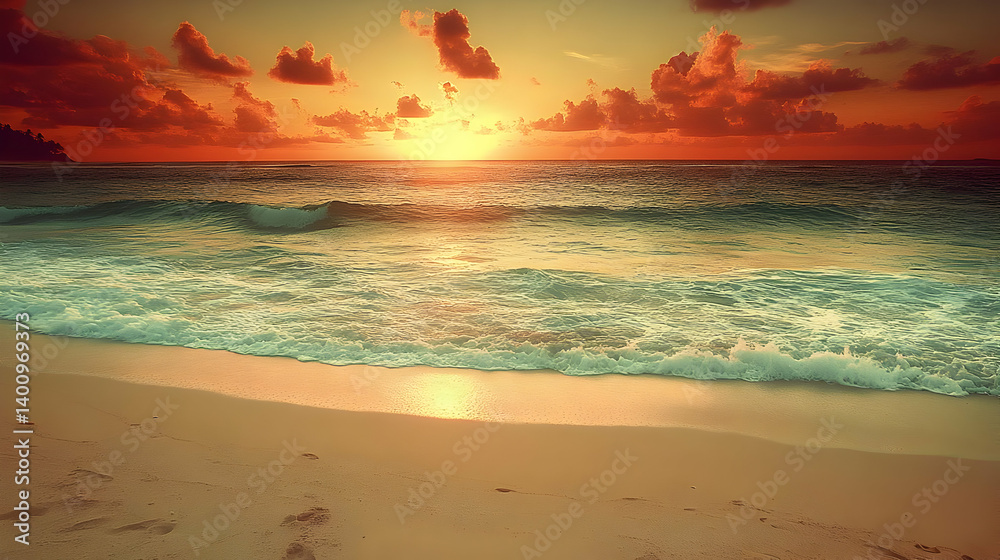 Vibrant Ocean Sunset with Golden Light Reflecting on the Water and Sandy Shoreline Under a Dramatic Sky with Colorful Clouds