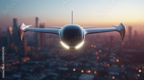 Obraz na płótnie Futuristic VTOL aircraft hovering over a modern cityscape. Next-generation urban air mobility with aerodynamic design and advanced propulsion, perfect for future transportation and smart city concept. w salonie
