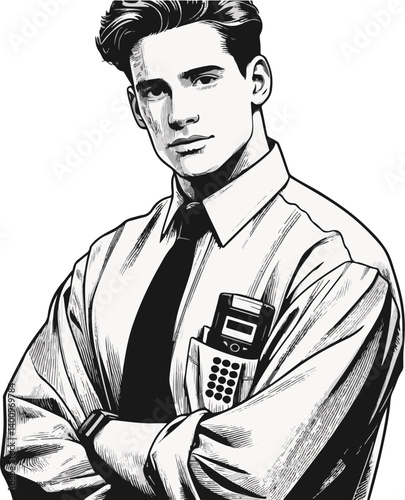 "Vector portrait of a confident young professional male from the 1990s, sleeves rolled, pager clipped to belt, determined expression, black and white line art with subtle 90s businesswear"