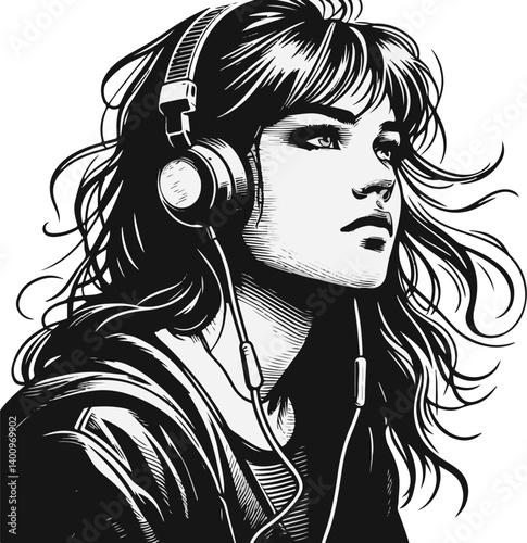 Black vector portrait of a 1990s teenage girl gazing into the distance with headphones on, melancholic expression, wind-blown hair, soft angular lines, subtle 90s fashion details"