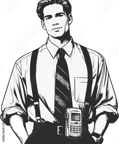 "Vector portrait of a confident young professional male from the 1990s, sleeves rolled, pager clipped to belt, determined expression, black and white line art with subtle 90s businesswear"