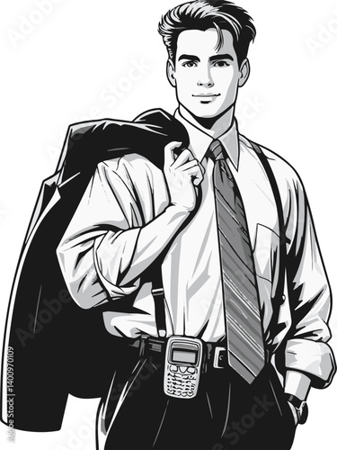 "Vector portrait of a confident young professional male from the 1990s, sleeves rolled, pager clipped to belt, determined expression, black and white line art with subtle 90s businesswear"