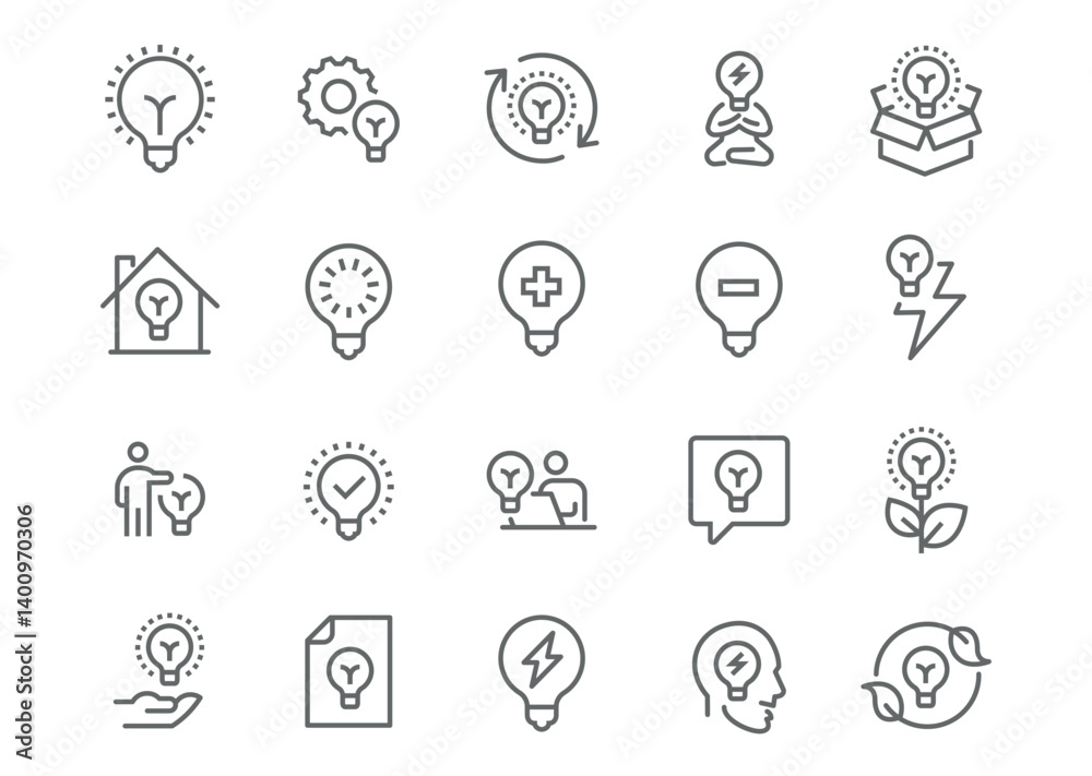 Editable Vector Icon Set in Line Style on Innovation and Thinking Concepts.
Includes lightbulb, gear, brain, puzzle pieces, and thought bubble icons, ready for use. Editable Vector Icon Set in Line Style on Innovation and Thinking Concepts.
Includes lightbulb, gear, brain, puzzle pieces, and thought bubble icons, ready for use.