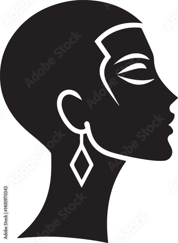 "Stylized black vector image of a 1990s female face in profile, clean outline, short haircut, geometric earrings, minimalist facial features in black and white"