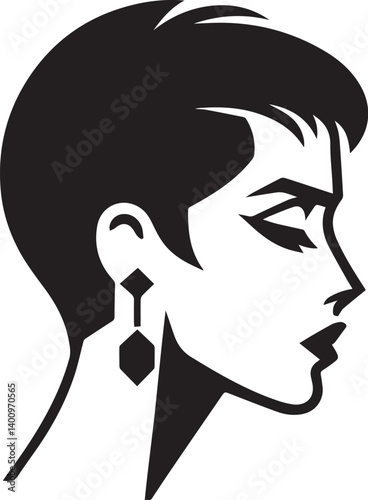 "Stylized black vector image of a 1990s female face in profile, clean outline, short haircut, geometric earrings, minimalist facial features in black and white"