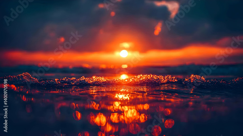 Obraz na płótnie Vibrant Ocean Sunset with Waves Reflecting Golden Sunlight and Warm Colors Painting the Sky in a Serene and Natural Seascape at Dusk w salonie