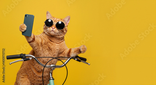 Cat wearing sunglasses holding a phone on a bicycle with yellow background  