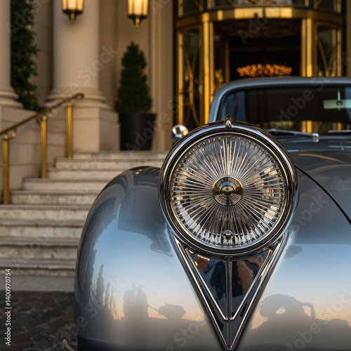 Vintage car headlight shining in front of luxurious entrance  