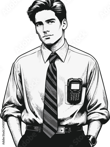 "Vector portrait of a confident young professional male from the 1990s, sleeves rolled, pager clipped to belt, determined expression, black and white line art with subtle 90s businesswear"