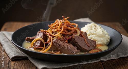 Rich Poronkäristys Dish with Mashed Potatoes and Caramelized Onions  
