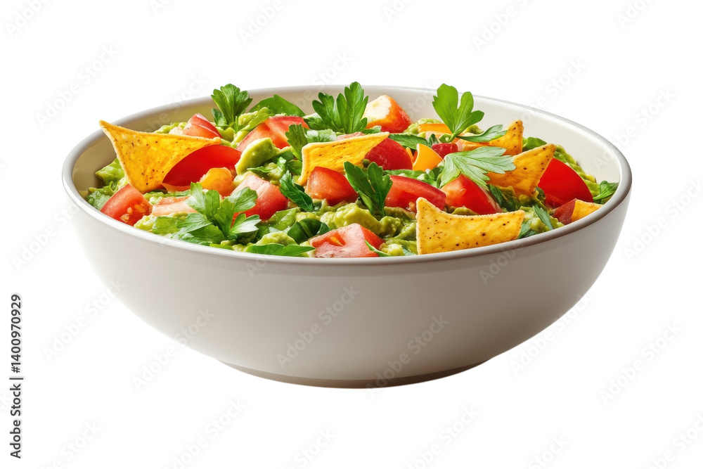 Fresh guacamole with tortilla chips and tomatoes in a bowl vibrant colors on transparent background Fresh guacamole with tortilla chips and tomatoes in a bowl vibrant colors on transparent background