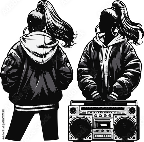 "Vector art of a 1990s hip-hop style female, standing pose with attitude, oversized jacket, high ponytail, boombox on shoulder, black vector image with clean bold lines"
