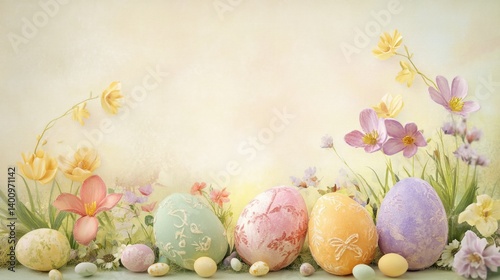 easter eggs festive decorations. Decorative Easter Eggs Surrounded by Spring Flowers for a Festive Holiday Season Greeting Card.