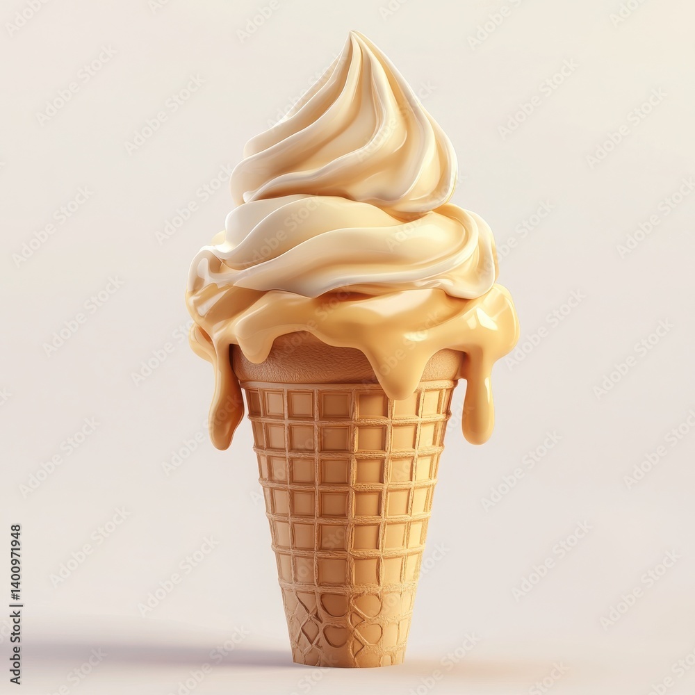 A vanilla soft serve ice cream cone with caramel drizzle detail art
