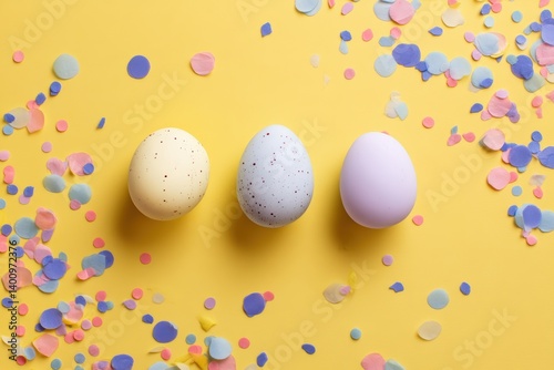 Three pastel-colored Easter eggs rest against a sunny backdrop, surrounded by a scattering of festive confetti. The image evokes the fresh, bright, and happy vibes of springtime.