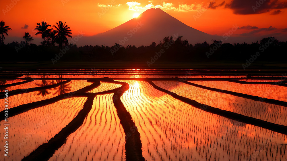 Vibrant Orange Sunset Over Rice Fields with Mountain Silhouette and Reflective Water in Tranquil Rural Landscape