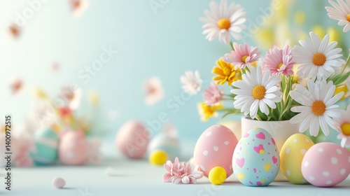 easter eggs festive decorations. Delicate Easter Eggs with Daisies Springtime Celebration in Pastel Hues of Serenity and Joy.