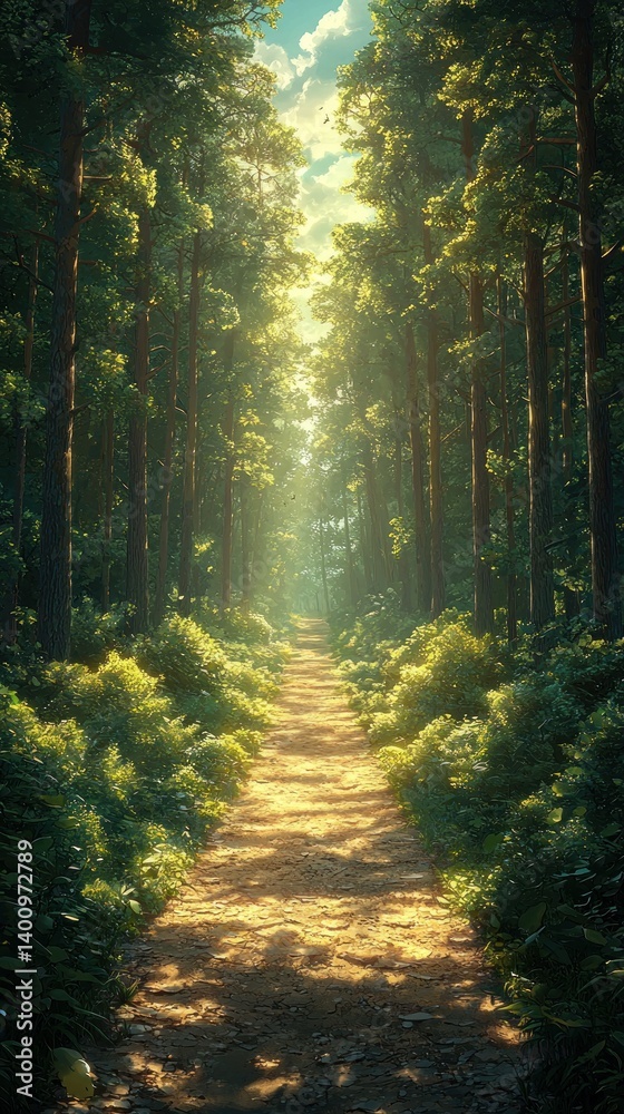 Fototapeta premium Sun-kissed trail through a serene and vibrant woodland in golden hour