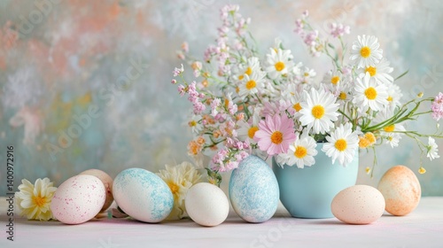 easter eggs festive decorations. Delicate Springtime Arrangement Easter Eggs Daisies in a Light Blue Vase with a Painted Background.