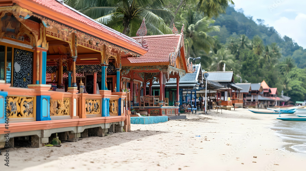 Vibrant Ornate Structures Along Sandy Beach Coastline with Tropical Foliage and Clear Turquoise Waters on Sunny Day