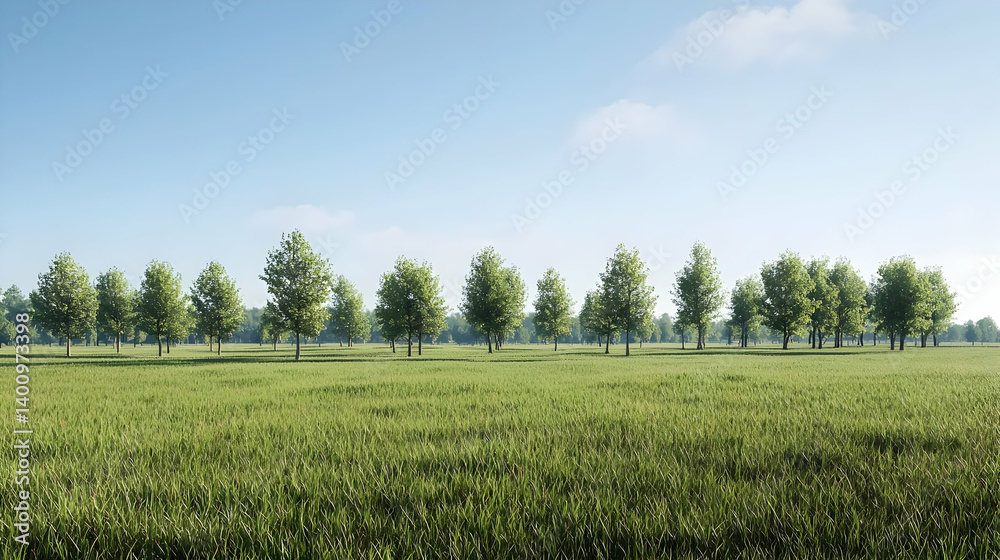 Row Of Trees In A Green Field Under A Blue Sky Row Of Trees In A Green Field Under A Blue Sky