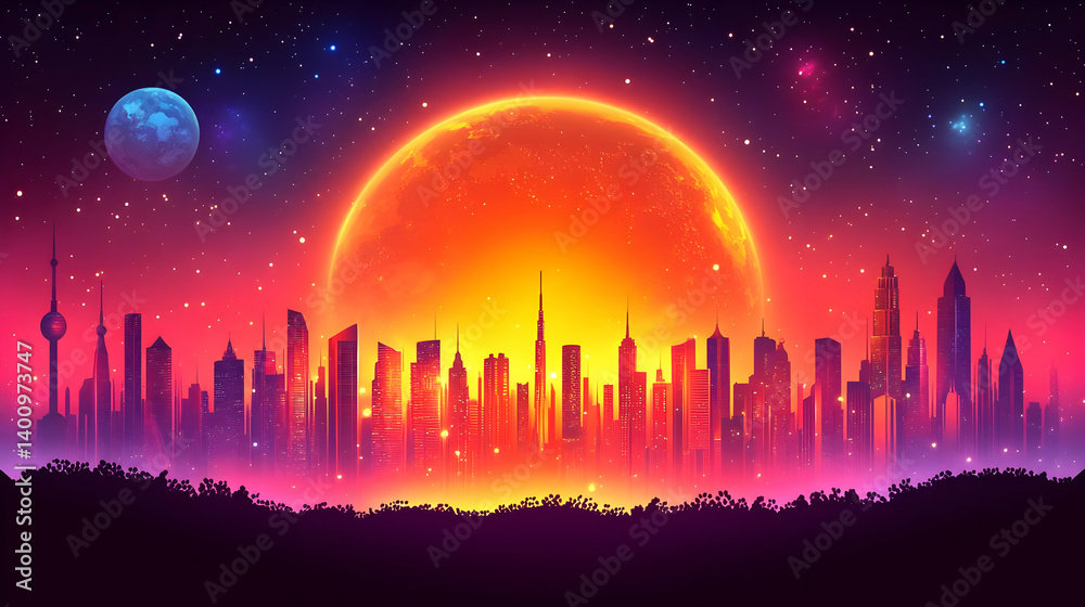 Vibrant Pixel Art Cityscape Featuring a Glowing Sun and Silhouetted Buildings Under a Starry Sky at Twilight