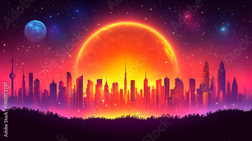 Obraz na płótnie Vibrant Pixel Art Cityscape Featuring a Glowing Sun and Silhouetted Buildings Under a Starry Sky at Twilight w salonie