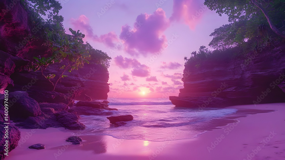Vibrant Pink Sunset Over Ocean Shore with Rocky Outcrops Tropical Beach Featuring Dramatic Sky and Reflected Light on Wet Sand Coastline