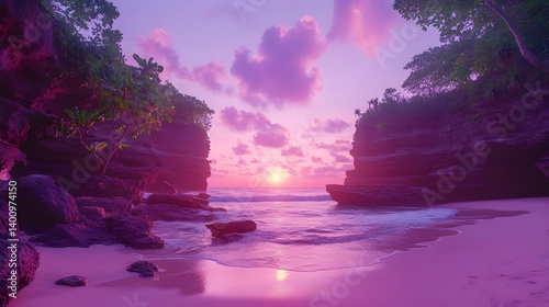 Obraz na płótnie Vibrant Pink Sunset Over Ocean Shore with Rocky Outcrops Tropical Beach Featuring Dramatic Sky and Reflected Light on Wet Sand Coastline w salonie