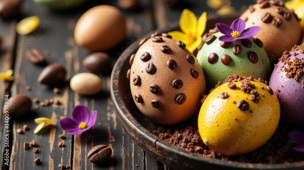 Obraz premium Easter eggs in various colors decorated with coffee beans, rustic background.
