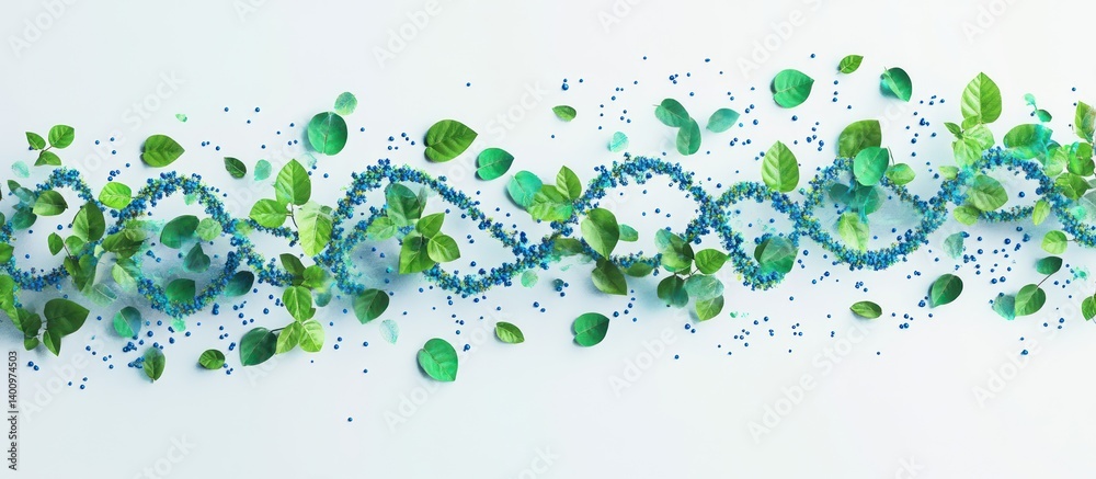 Botanical helix visualization featuring fresh leaves and vibrant blue particles Botanical helix visualization featuring fresh leaves and vibrant blue particles