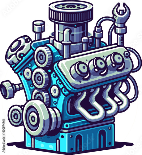 Vibrant illustration of a stylized, detailed internal combustion engine.