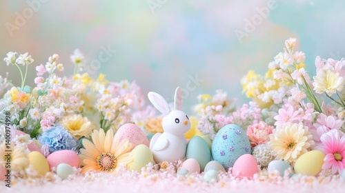 easter eggs festive decorations. Easter Bunny Amidst Pastel Eggs and Delicate Floral Splendor A Springtime Celebration of Joy.