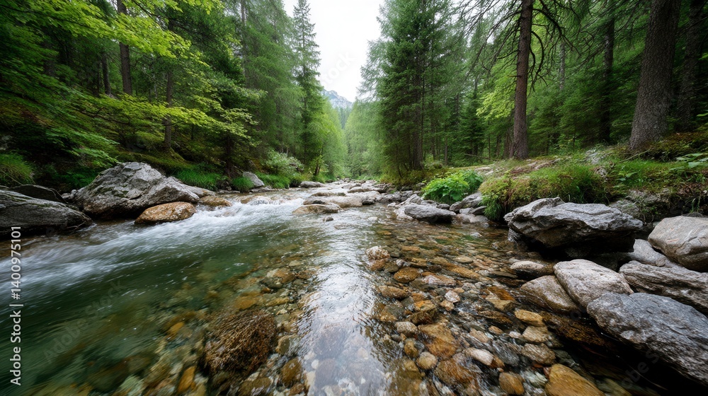 Obraz premium Restored Forest River Running Through Lush Greenery and Rocks